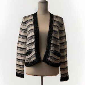 Calvin‎ Klein Textured Open Front Sweater Cardigan Black White Stripe Pockets M